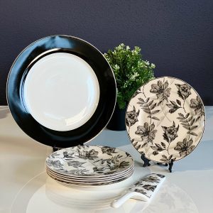 ZELLERFELD Set Assiettes à dessert noir blanc fleuris 8 pièces