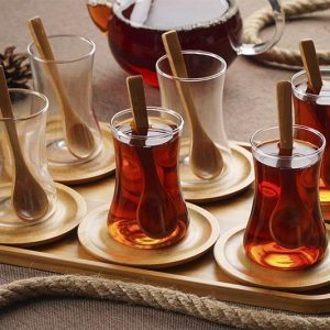ACAR ENJOY Set de verres à thé avec plateau et soucoupes et cuillères en bambou 6 personnes 19 pièces