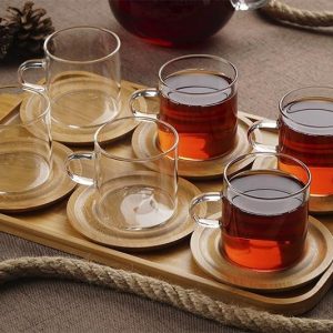 ACAR ENJOY Set de mini mugs en verre avec plateau et soucoupes en bambou 6 personnes 13 pièces