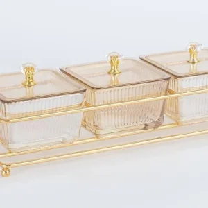 TREND HOME Plateau apéritif avec 3 bols carrés  en verre avec couvercle