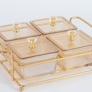 TREND HOME Plateau apéritif avec 4 bols carrés  en verre avec couvercle