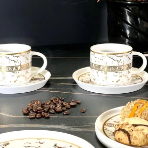 ZELLERFELD VERSAS MARBEL Set de 18 pièces : 6 tasses à café avec soucoupes  + 6 assiettes à dessert blanc/doré