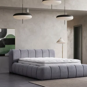 BUBBLE Matelas, Lit coffre et Tête de lit en tissu velours texturé - Gris