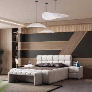 LUGANO Matelas, Lit coffre et Tête de lit en tissu velours texturé - Beige