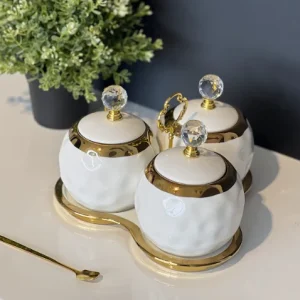 TREND HOME Lot de 3 Bocaux à conservation en porcelaine blanc / doré avec support