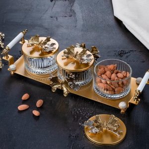 ACAR ELYSIA GOLD Plateau apéritif avec 3 bols en verre et couvercle